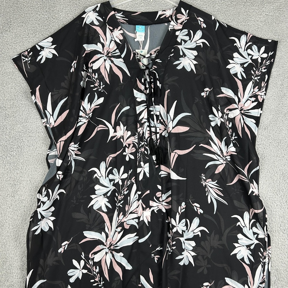 Coastal Blue Kaftan Swim Cover Up Womens Small Black Floral Sheer Tassel Beach